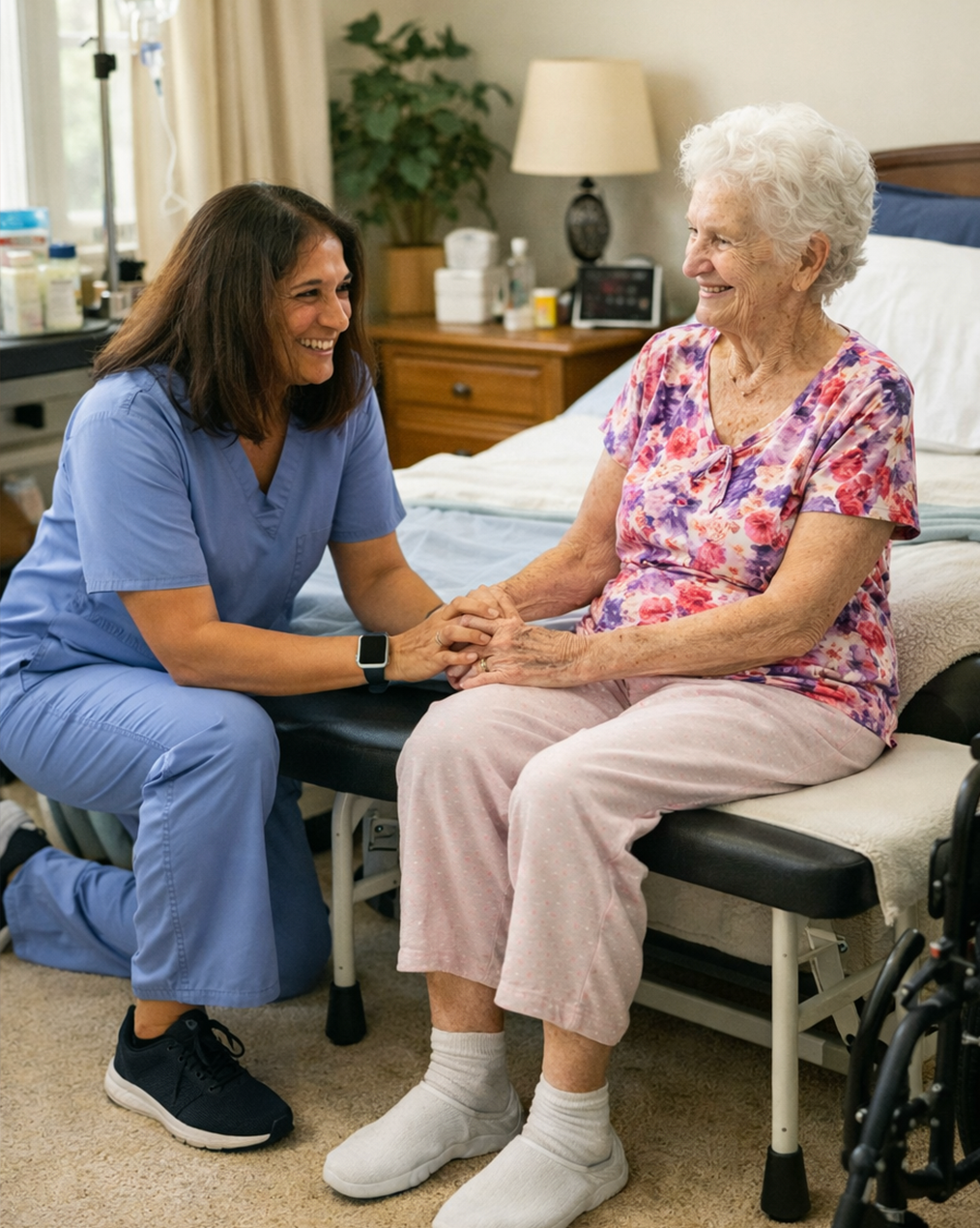 A caregiver smiling with an elderly client at home